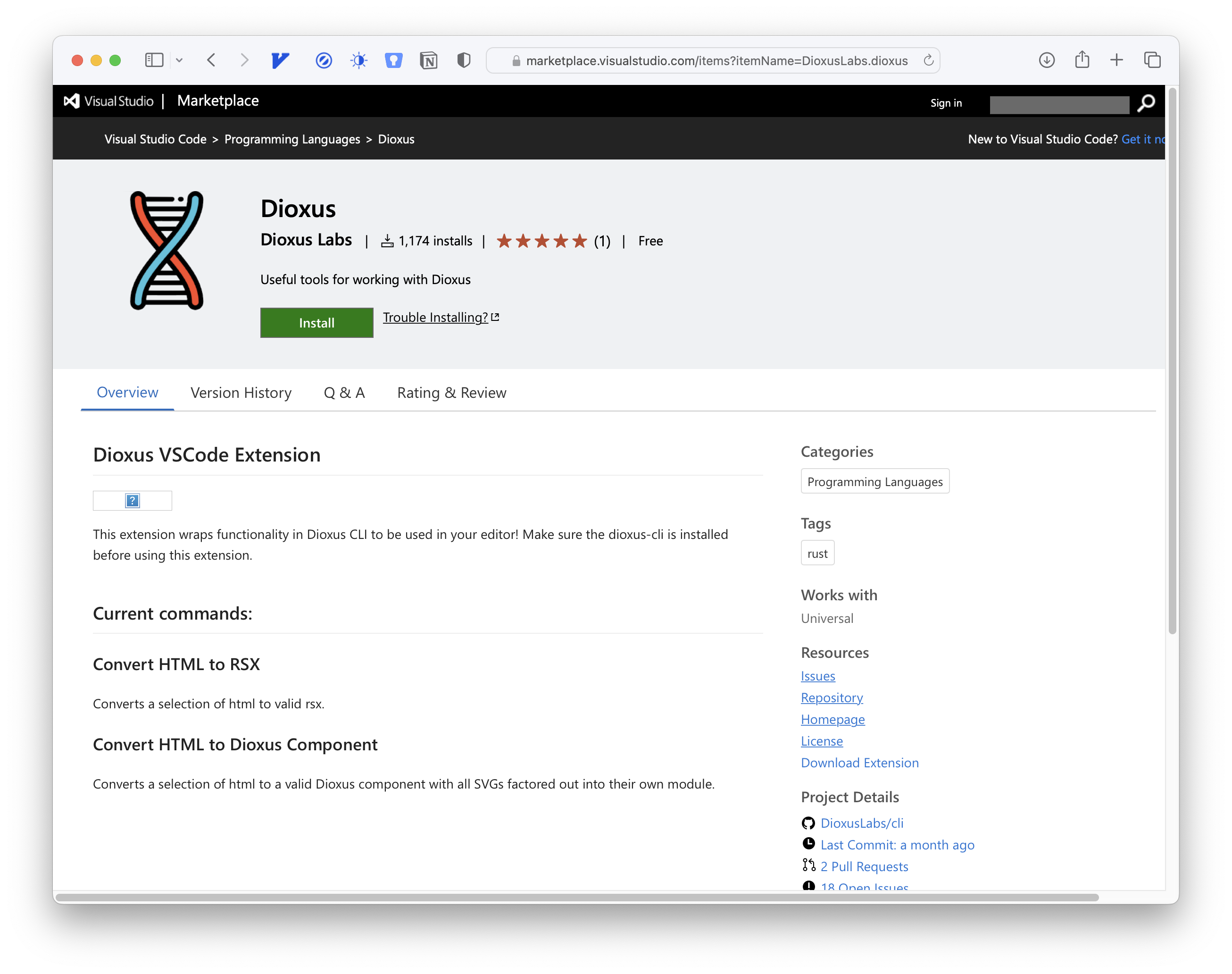 The Dioxus VSCode extension page