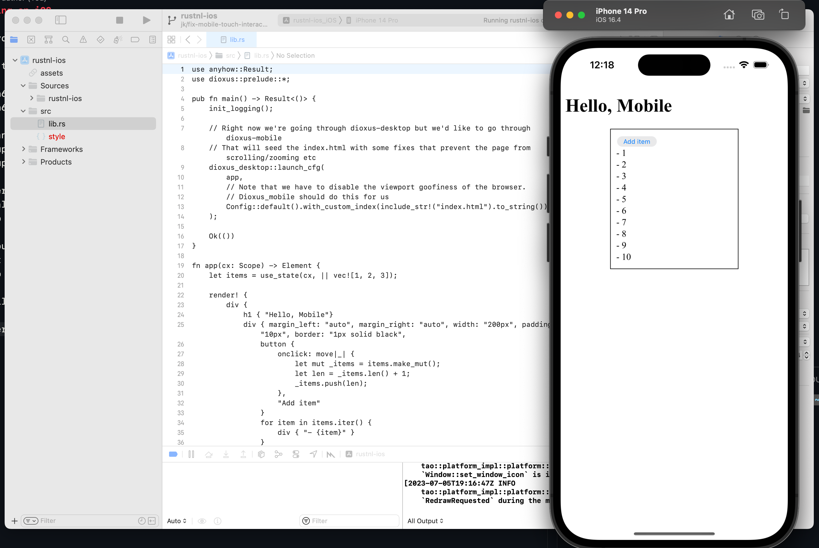 Screenshot of xcode with dioxus app